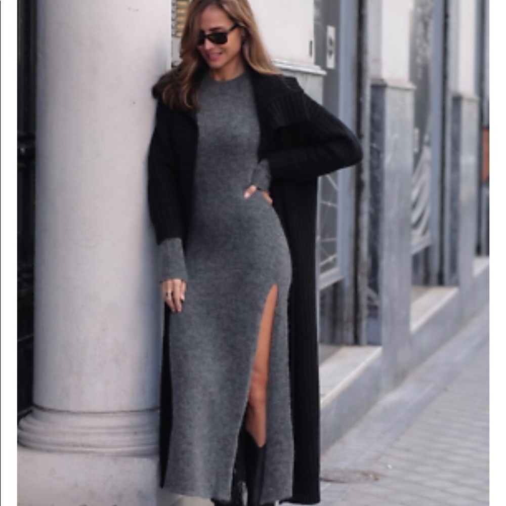 Zara Long Slit Wool Knit Dress Gray